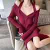 Autumn Winter Thick Slim V-neck Twist Split Solid Long Sleeve Halter Knitted Dress Wrap Hip Korean Wild Vestido Mujer