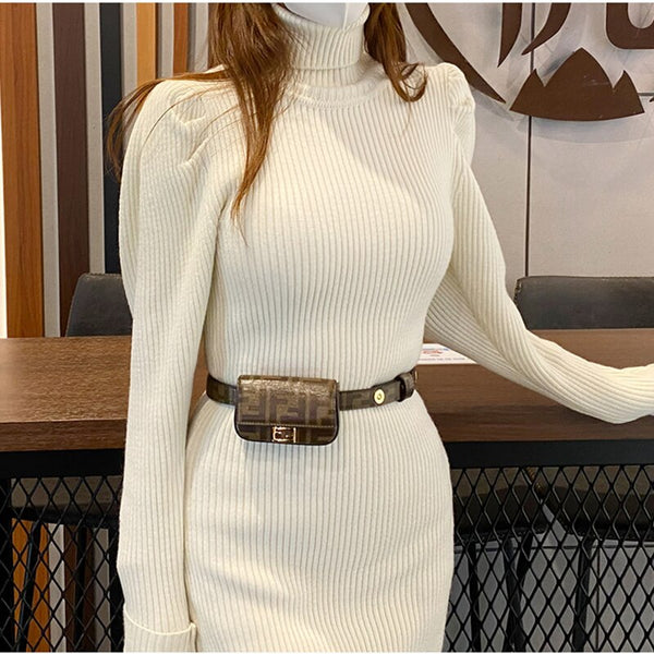 Autumn Winter Turtleneck Pullover Sweater Pencil Dress Korean High Waist Hip Back Slit Knit Long Vestidos Women Elegant Clothes