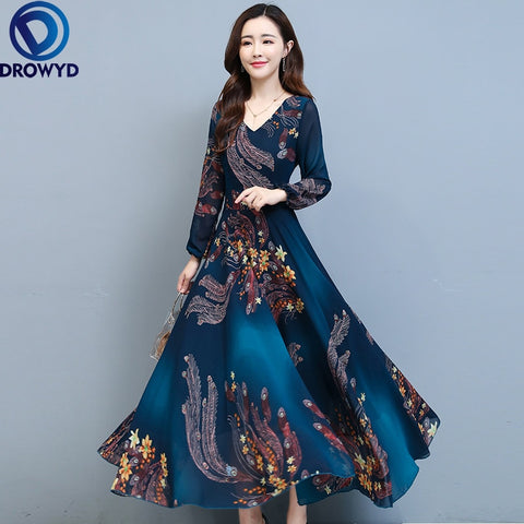 Autumn Winter Vintage Boho Maxi Dress Floral Chiffon V-neck Long Sleeve Casual Beach Dresses 2022 Women Bodycon Party Vestidos