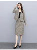 Autumn Winter Vintage Woolen Houndstooth Blazer Skirt Suits Women 2 Piece Set Plus Size Long Sleeve Blazer + Split Skirt Outfits