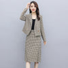 Autumn Winter Vintage Woolen Houndstooth Blazer Skirt Suits Women 2 Piece Set Plus Size Long Sleeve Blazer + Split Skirt Outfits