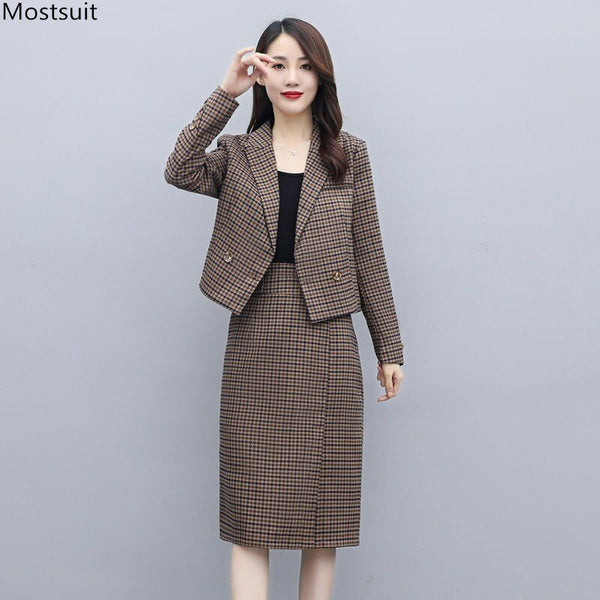 Autumn Winter Vintage Woolen Houndstooth Blazer Skirt Suits Women 2 Piece Set Plus Size Long Sleeve Blazer + Split Skirt Outfits