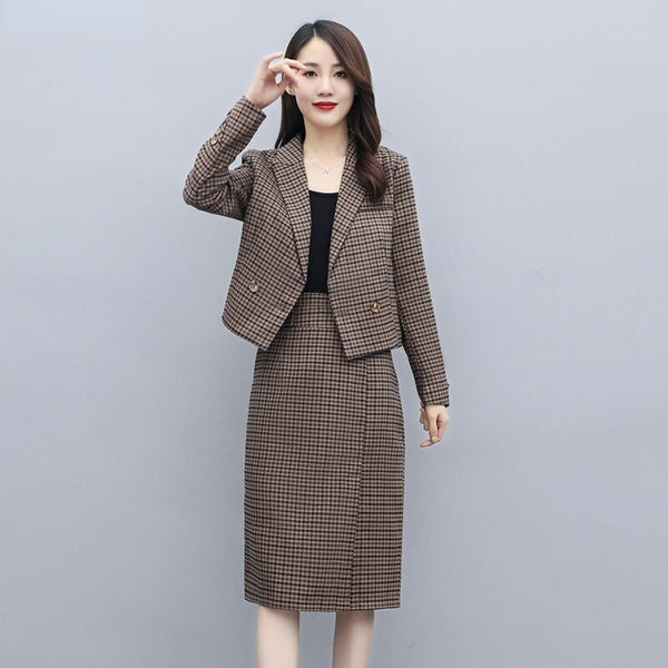 Autumn Winter Vintage Woolen Houndstooth Bussiness Work Suits Women 2 Piece Set Long Sleeve Blazer + Split Skirt Outfits