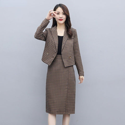Autumn Winter Vintage Woolen Houndstooth Bussiness Work Suits Women 2 Piece Set Long Sleeve Blazer + Split Skirt Outfits