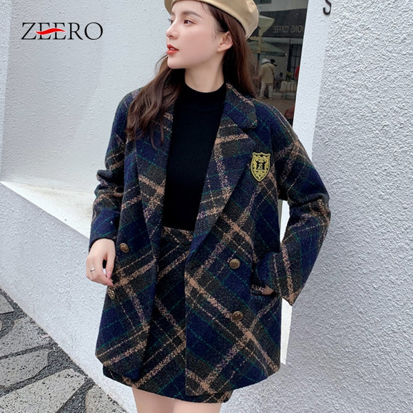 Autumn Winter Warm Wool Tweed 2 Piece Set Woman Plaid Double Breasted Long Sleeve Blazer Jacket + High Waist Mini Skirt Suit