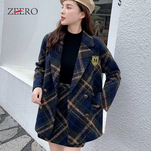 Autumn Winter Warm Wool Tweed 2 Piece Set Woman Plaid Double Breasted Long Sleeve Blazer Jacket + High Waist Mini Skirt Suit