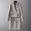 Autumn Winter Woman Tweed Vintage Two Piece Set Tassel Plaid Double Breasted Long Sleeve Blazer Jacket + Mini Skirt Elegant Suit