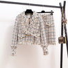 Autumn Winter Woman Tweed Vintage Two Piece Set Tassel Plaid Double Breasted Long Sleeve Blazer Jacket + Mini Skirt Elegant Suit