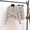 Autumn Winter Woman Tweed Vintage Two Piece Set Tassel Plaid Double Breasted Long Sleeve Blazer Jacket + Mini Skirt Elegant Suit