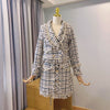 Autumn Winter Woman Tweed Vintage Two Piece Set Tassel Plaid Double Breasted Long Sleeve Blazer Jacket + Mini Skirt Elegant Suit