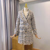 Autumn Winter Woman Tweed Vintage Two Piece Set Tassel Plaid Double Breasted Long Sleeve Blazer Jacket + Mini Skirt Elegant Suit