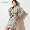 Autumn Winter Woman Tweed Vintage Two Piece Set Tassel Plaid Double Breasted Long Sleeve Blazer Jacket + Mini Skirt Elegant Suit