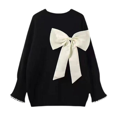 Autumn Winter Women Black Kawaii Loose Sweater Bow Decoration O-neck Long Sleeve Pullover Knitted Tops Jumpers Casual Sweaters