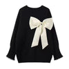 Autumn Winter Women Black Kawaii Loose Sweater Bow Decoration O-neck Long Sleeve Pullover Knitted Tops Jumpers Casual Sweaters