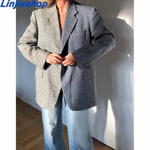 Autumn Winter Women Blazer Thick Vintage Plaid Long Wool Coat Casual Oversize Shirt Jacket Loose Warm Outwear Overcoats Female