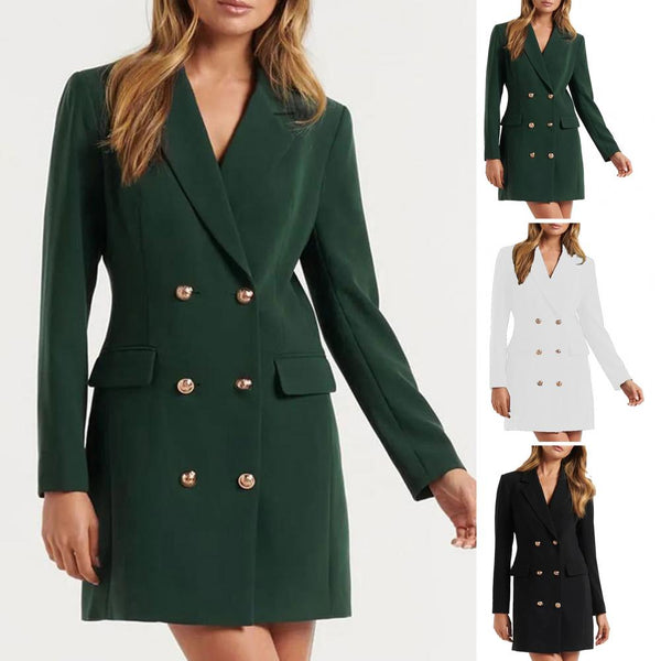Autumn Winter Women Blazers Lapel Slim Fit Solid Color Long Sleeve Flap Pockets Double Breasted Female Office Mid-Length Coat