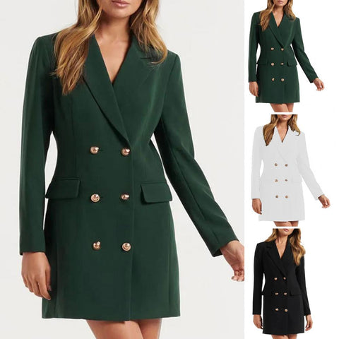 Autumn Winter Women Blazers Lapel Slim Fit Solid Color Long Sleeve Flap Pockets Double Breasted Female Office Mid-Length Coat