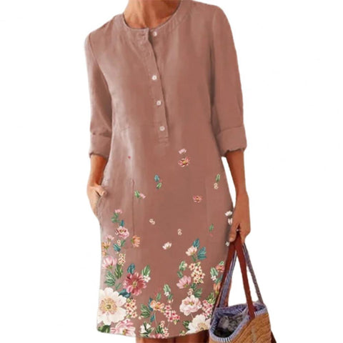 Autumn Winter Women Dress Long Sleeve Floral Print O-Neck Buttons Mom Women Vintage Midi Dress Party