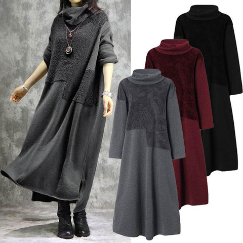 Autumn Winter Women Dress Turtleneck Long Sleeve Patchwork Plush Irregular Hem Maxi Dress Plus Size 4XL Warm Clothes
