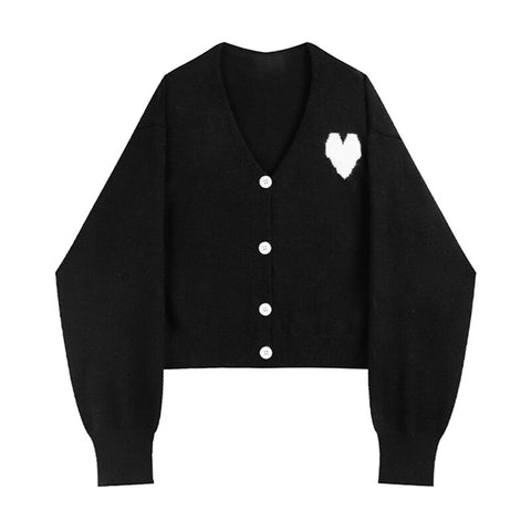 Autumn Winter Women Heart Print Knitted Cardigan Sweater Ladies V-neck Long Sleeve Casual Oversized Vintage Knitwear Top