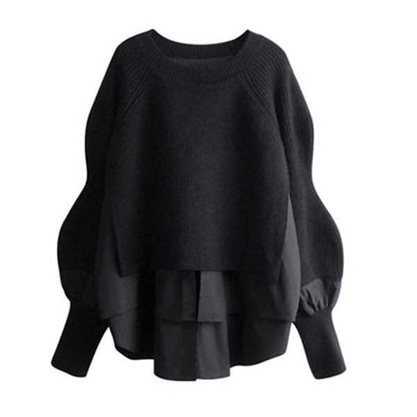Autumn Winter Women Irregular Loose Blouses Pullover Tops Long Sleeve O Neck Casual Streetwear Grey Black Sweater Pull Femme