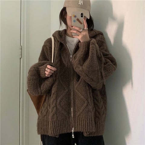 Autumn Winter Women Oversize Knitted Cardigan Casual 2023 Hooded Twist Vintage Sweater Zipper Up Long Sleeve Crochet Outerwear