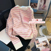 Autumn Winter Women Pink Striped Sweaters Kawaii Korean Style Chic Long Sleeve Cute Sweet Girls Simple Knitted Loose Pullovers