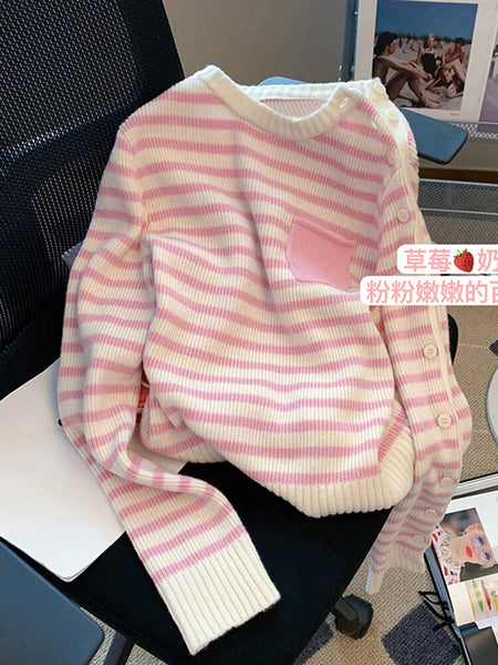 Autumn Winter Women Pink Striped Sweaters Kawaii Korean Style Chic Long Sleeve Cute Sweet Girls Simple Knitted Loose Pullovers