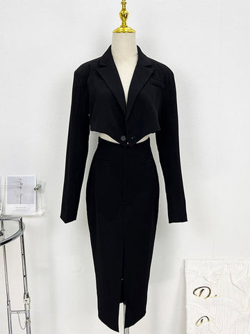 Autumn Winter Women Solid Color Two Piece Set Lapel Long Sleeve Asymmetric Jacket Coat + A-line High Waist Slit Lady Midi Skirt