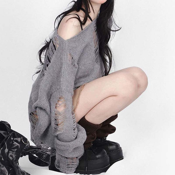 Autumn Winter Y2K Grey Retro Knit Pullovers Smock Chic Loose Casual Vintage Women Outfits Harajuku Hole Aesthetic Sweaters Shirt