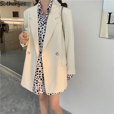 Autumn Women Blazers High Street Long Sleeve Solid Oversized Double Breasted Outerwear Temperament OL Korean Loose Blazer Femme