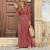 Autumn Women Boho Print Long Dress Casual Long Sleeve V-neck Belted Maxi Dress Ladies Holiday Party Dresses 2022 Robe