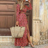 Autumn Women Boho Print Long Dress Casual Long Sleeve V-neck Belted Maxi Dress Ladies Holiday Party Dresses 2022 Robe