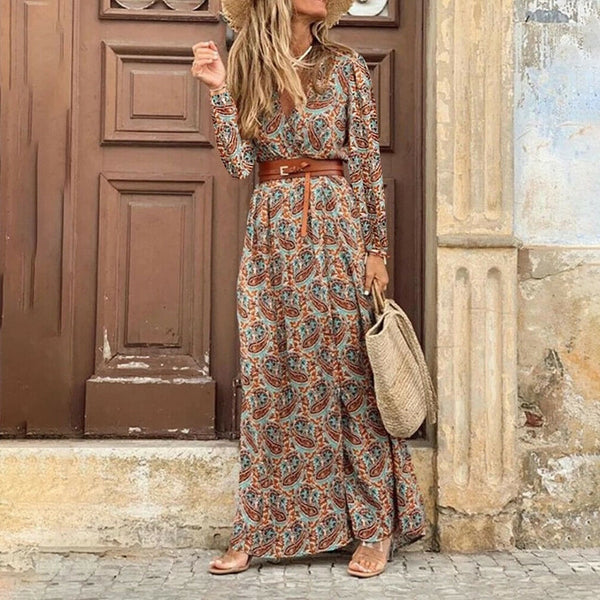 Autumn Women Boho Print Long Dress Casual Long Sleeve V-neck Belted Maxi Dress Ladies Holiday Party Dresses 2022 Robe