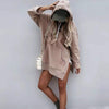 Autumn Women Casual Hooded Sports Dress Drawcord Split Solid Dress Long Sleeve Pocket Loose Sweatshirt Dress Streetwear