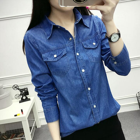 Autumn Women Casual Jeans Long Sleeve Blouse Fashion Slim Denim Shirt tops Office Female Clothing Denim blusas mujer