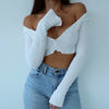 Autumn Women Casual Long Sleeve Shirts Sexy Deep V-Neck Solid Crop Tops Black/White Buttons Blouses Off Shoulder Cotton Shirts
