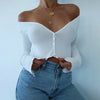 Autumn Women Casual Long Sleeve Shirts Sexy Deep V-Neck Solid Crop Tops Black/White Buttons Blouses Off Shoulder Cotton Shirts