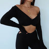 Autumn Women Casual Long Sleeve Shirts Sexy Deep V-Neck Solid Crop Tops Black/White Buttons Blouses Off Shoulder Cotton Shirts