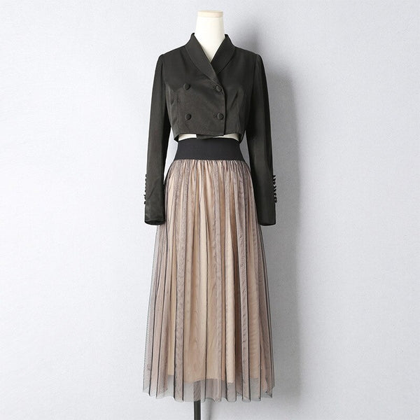 Autumn Women Clothes Elegant Short Blazer + Mesh Skirt Two Piece Sets All-match Hit Color Long Sleeve Double Breasted Suits Sets