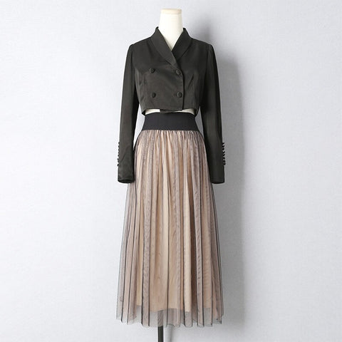 Autumn Women Clothes Elegant Short Blazer + Mesh Skirt Two Piece Sets All-match Hit Color Long Sleeve Double Breasted Suits Sets