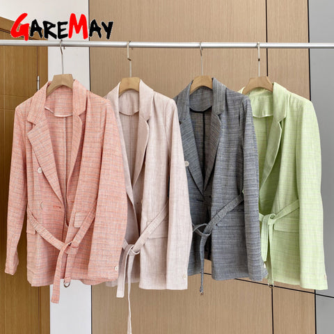 Autumn Women Elegant Jacket  Green Vintage Suit Oversized Beige Korean Style Cotton Linen Blazer With Belt For Women