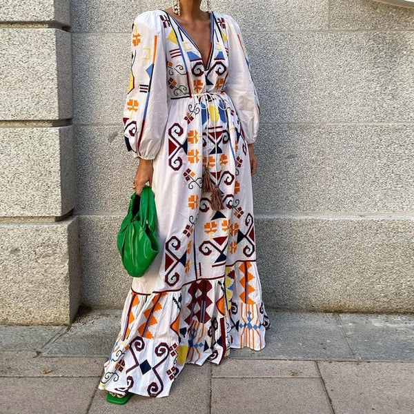 Autumn Women Elegant Vintage Print Long Dress V Neck Lace-Up Tassel Party Maxi Dresses Lady Spring Lantern Sleeve Dress