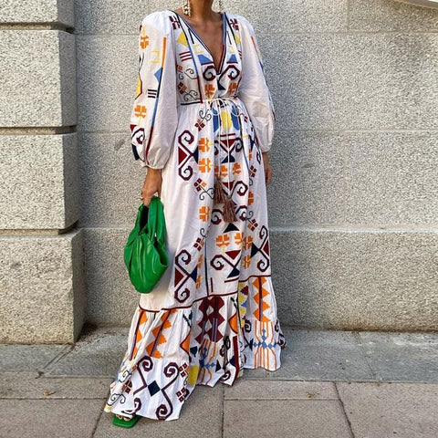 Autumn Women Elegant Vintage Print Long Dress V Neck Lace-Up Tassel Party Maxi Dresses Lady Spring Lantern Sleeve Dress