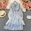 Autumn Women Floral Chiffon Midi Dress Elegant Ruffle Collar Flare Long Sleeve High Waist Green/Pink/Blue Printed Robe 2022 New