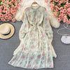 Autumn Women Floral Chiffon Midi Dress Elegant Ruffle Collar Flare Long Sleeve High Waist Green/Pink/Blue Printed Robe 2022 New
