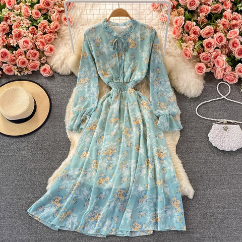 Autumn Women Floral Chiffon Midi Dress Elegant Ruffle Collar Flare Long Sleeve High Waist Green/Pink/Blue Printed Robe 2022 New