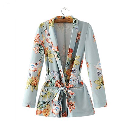 Autumn Women Floral Vintage Blazers Suit Ladies Notched Collar Outwear Female Jacket Casual Sashes Long Sleeves Pocket Coat