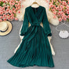 Autumn Women Pleated Midi Dress Vintage Red/Purple/Green Draped Party Vestidos Elegant Casual High Waist Long Sleeve Robe 2022