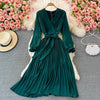 Autumn Women Pleated Midi Dress Vintage Red/Purple/Green Draped Party Vestidos Elegant Casual High Waist Long Sleeve Robe 2022